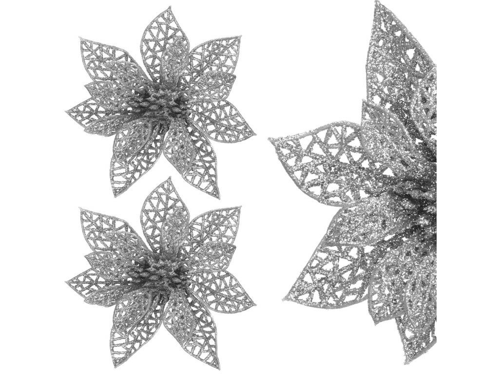 Vianočná ozdoba poinsettia strieborná s trblietkami 10 × 10 cm S-CA0726 - detail 2